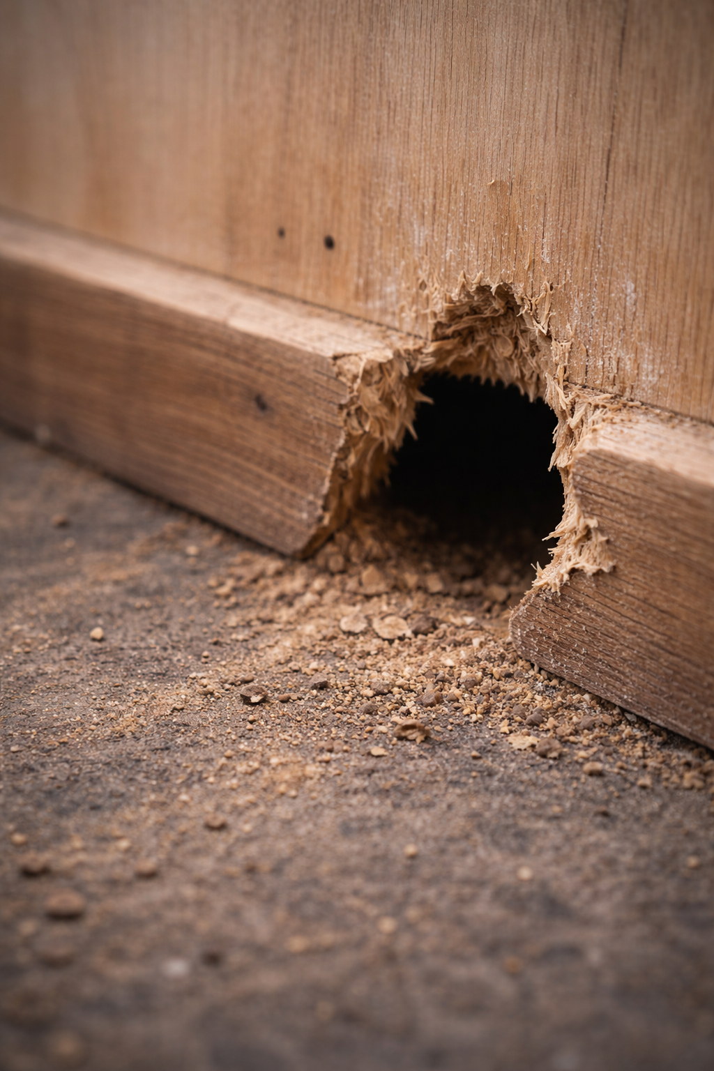 Knaaggat in houten plint als toegangspunt voor ratten in huis