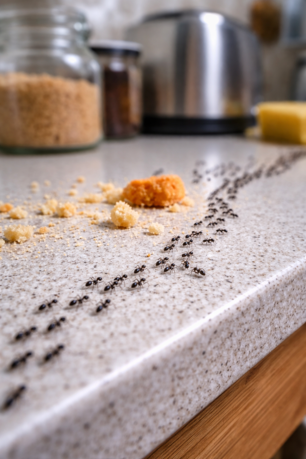 Mieren die in een rij over een keukenblad lopen richting voedsel in woning in Amsterdam