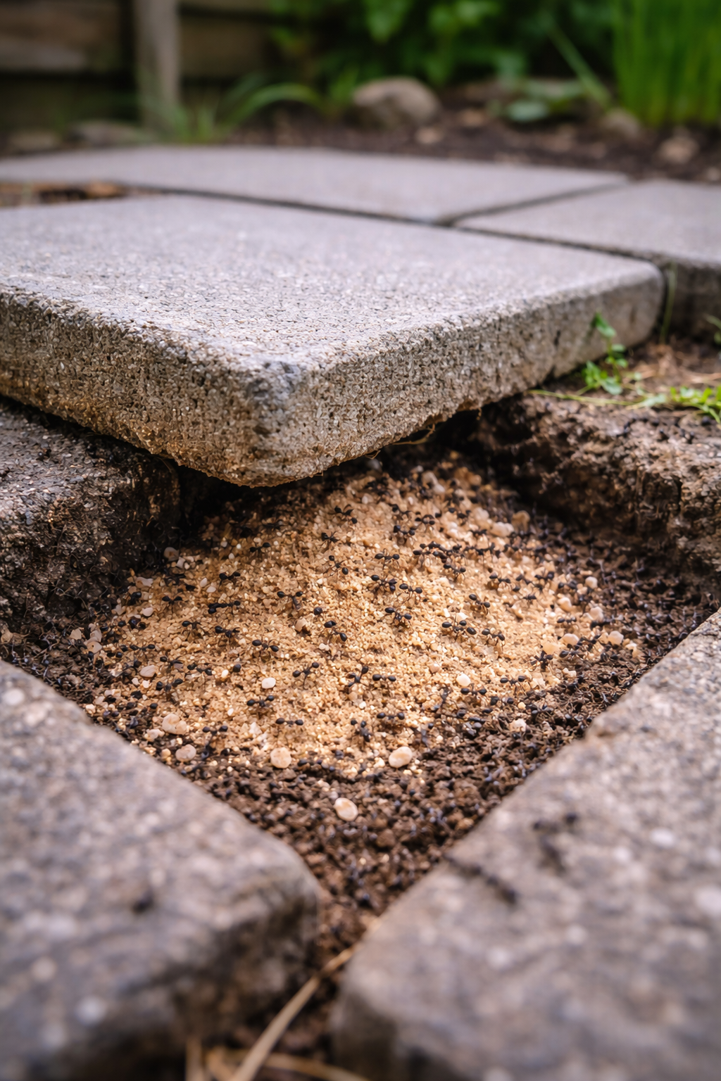 Mieren nest onder terrastegels bij woning in Amsterdam met zandhoopjes en actieve kolonie